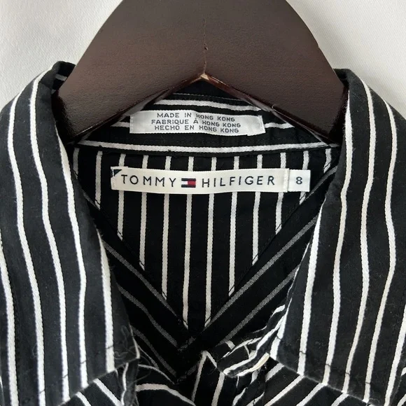 Tommy Hilfiger Women's Button Down Black & White Striped Ruffle Blouse Size 8 - Picture 10 of 11